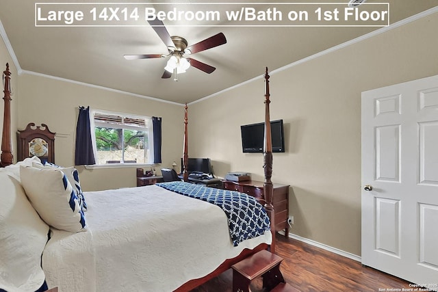 bedroom featuring crown molding, baseboards, ceiling fan, and wood finished floors