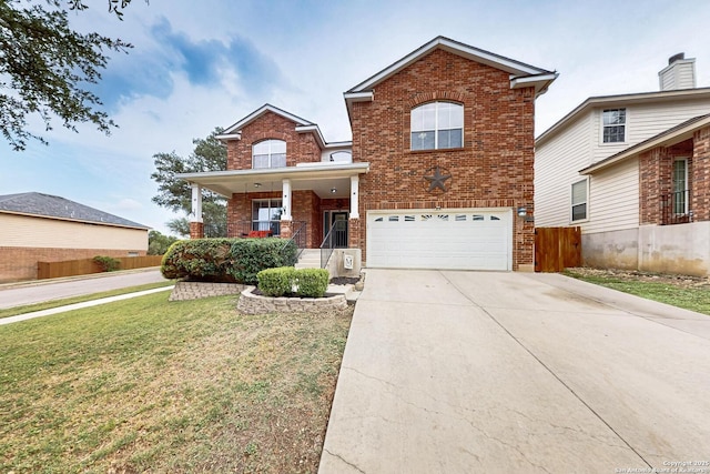 traditional-style home featuring fence, brick siding, a garage, a porch, and a front yard