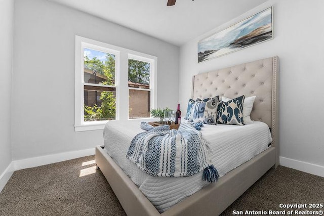 bedroom featuring carpet flooring, a ceiling fan, and baseboards