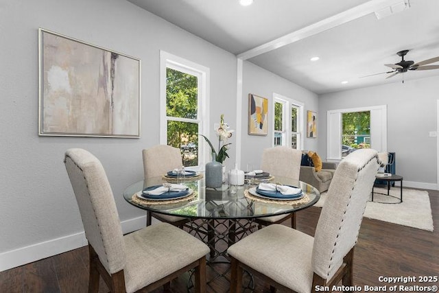 dining room featuring recessed lighting, baseboards, ceiling fan, and wood finished floors