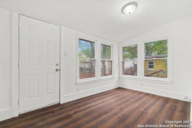 interior space featuring a healthy amount of sunlight, baseboards, dark wood-style floors, and lofted ceiling