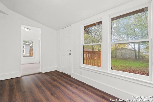spare room featuring baseboards, vaulted ceiling, dark wood-style floors, and a wealth of natural light