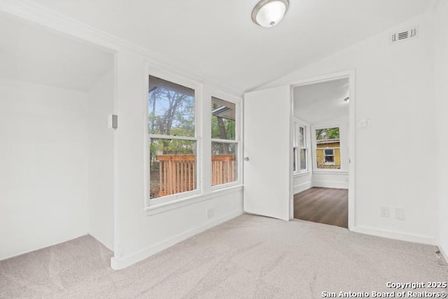 spare room featuring visible vents, lofted ceiling, a wealth of natural light, and carpet