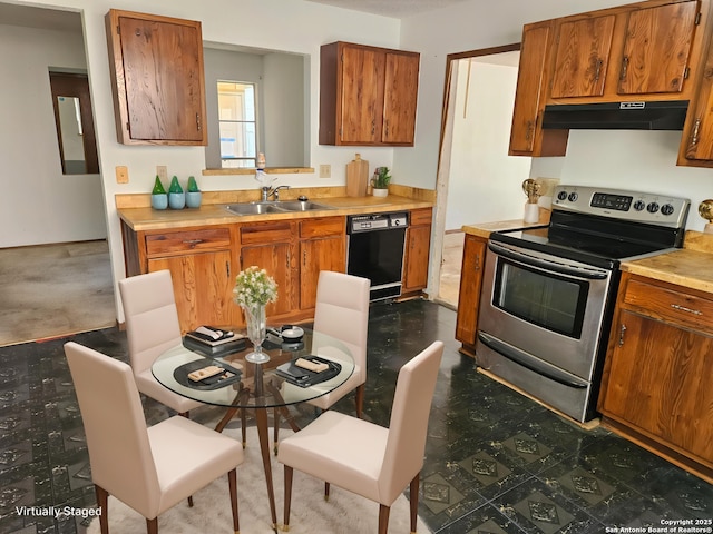 kitchen with brown cabinetry, black dishwasher, under cabinet range hood, stainless steel electric stove, and a sink