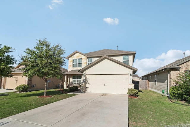 traditional-style home with driveway, a front yard, fence, stone siding, and stucco siding