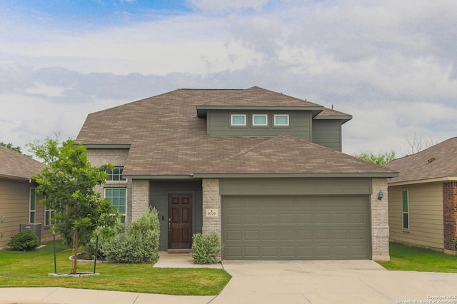 8220 Robin Gate, Selma, TX 78154 - traditional-style house with central air condition unit, a front lawn, concrete driveway, an attached garage, and a shingled roof