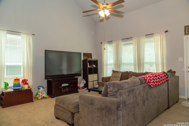 8220 Robin Gate, Selma, TX 78154 - carpeted living area with a healthy amount of sunlight, high vaulted ceiling, and ceiling fan