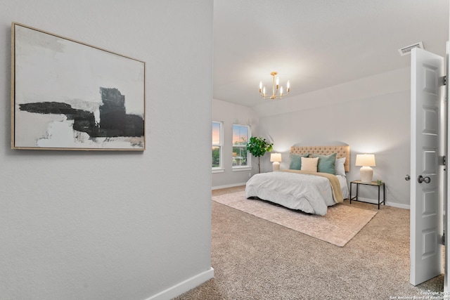 15011 Wychwood, San Antonio, TX 78233 - carpeted bedroom with baseboards, vaulted ceiling, a chandelier, and visible vents