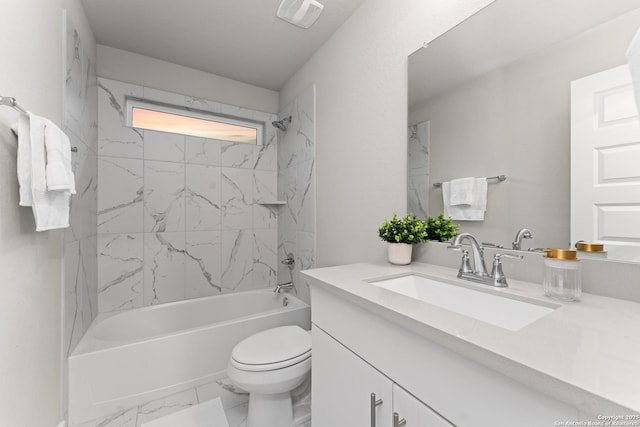 15011 Wychwood, San Antonio, TX 78233 - full bathroom featuring vanity, shower / bathtub combination, toilet, marble finish floor, and visible vents