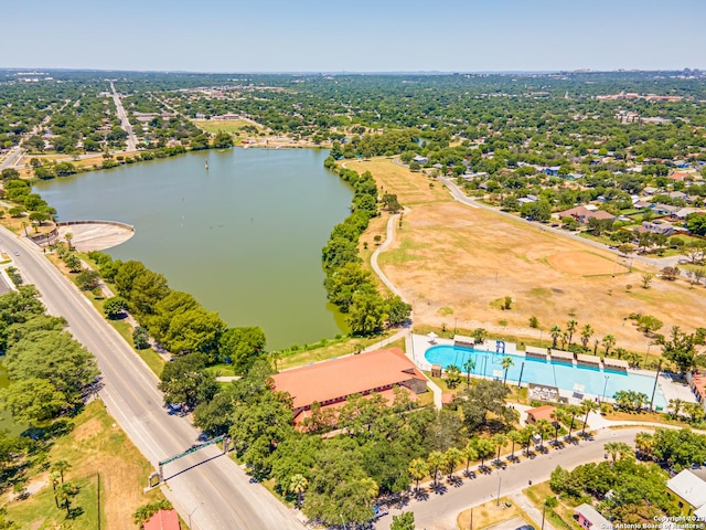 birds eye view of property featuring a water view