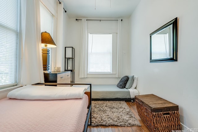 bedroom featuring multiple windows and wood finished floors