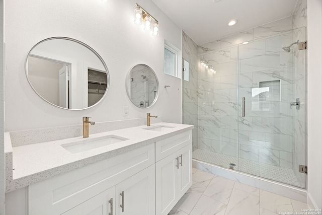 25 Main, Hempstead, TX 77445 - bathroom with recessed lighting, a shower stall, a sink, and marble finish floor