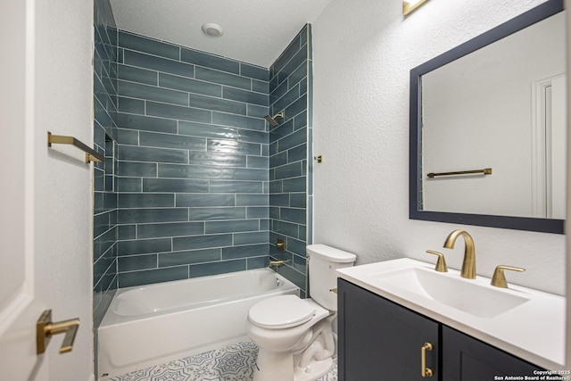 full bathroom with a textured wall, tile patterned flooring, vanity, shower / bathtub combination, and toilet