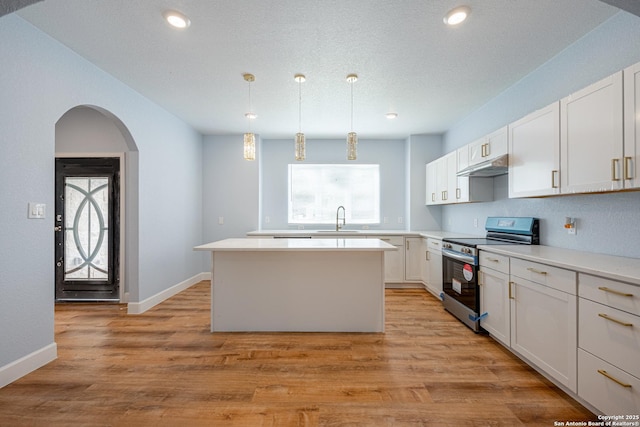 kitchen with a healthy amount of sunlight, a center island, a sink, electric stove, and under cabinet range hood