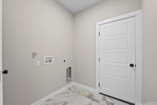 washroom with laundry area, marble finish floor, baseboards, hookup for a washing machine, and electric dryer hookup