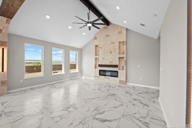 unfurnished living room featuring beam ceiling, a stone fireplace, a ceiling fan, baseboards, and visible vents