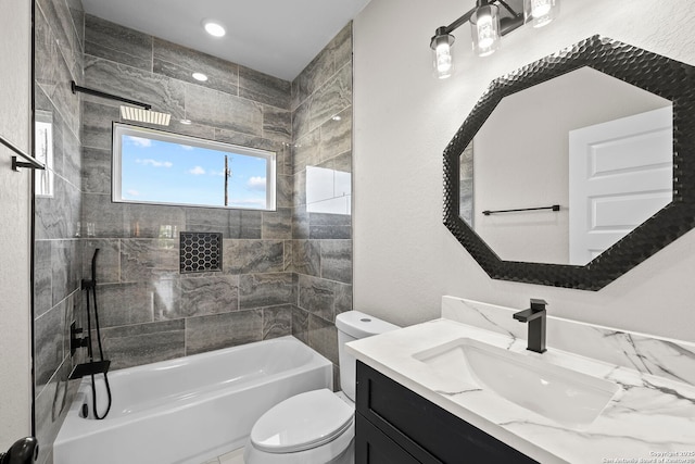 full bathroom with toilet, bathtub / shower combination, and vanity