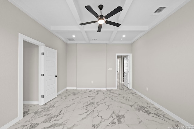 spare room featuring marble finish floor, a ceiling fan, baseboards, beamed ceiling, and visible vents