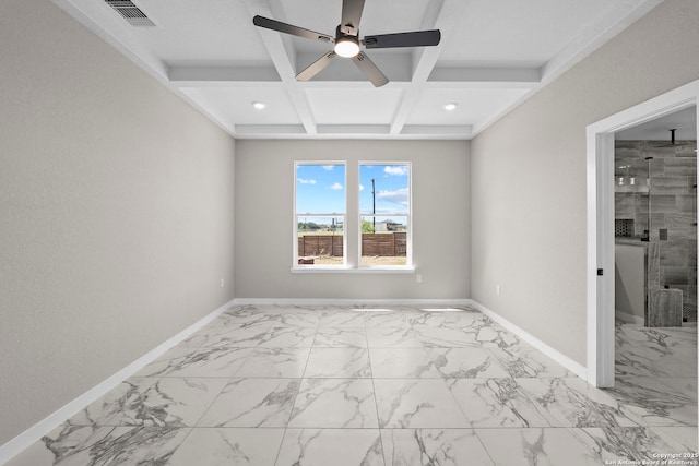 empty room featuring baseboards, a ceiling fan, marble finish floor, and coffered ceiling