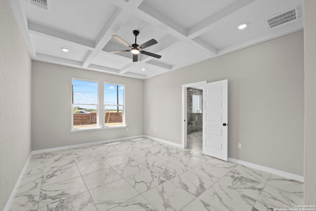 unfurnished bedroom with baseboards, visible vents, and coffered ceiling