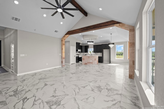 unfurnished living room featuring recessed lighting, baseboards, visible vents, and ceiling fan