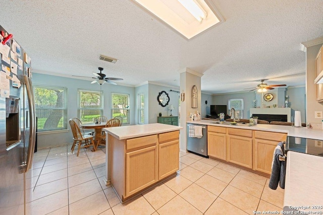 16002 Hickory Well Dr, San Antonio, TX 78247 - kitchen featuring appliances with stainless steel finishes, a ceiling fan, a sink, light brown cabinetry, and ornamental molding