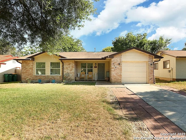 219 Royal, Converse, TX 78109 - ranch-style home featuring a garage, a front yard, brick siding, concrete driveway, and a porch