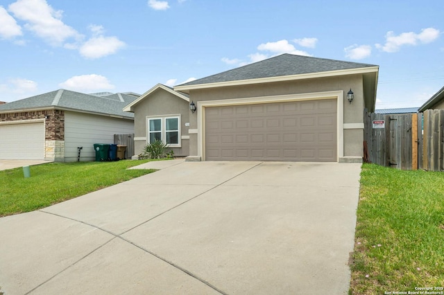 7186 Lake Placid, Corpus Christi, TX 78414 - view of front facade featuring fence, an attached garage, stucco siding, a front yard, and concrete driveway
