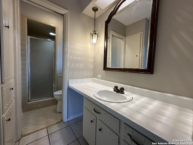 3624 Richwood, San Antonio, TX 78230 - bathroom with vanity, tile patterned flooring, a shower stall, and toilet
