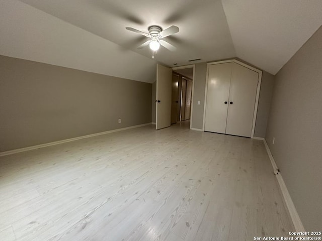 3624 Richwood, San Antonio, TX 78230 - bonus room featuring visible vents, lofted ceiling, light wood-style floors, baseboards, and ceiling fan