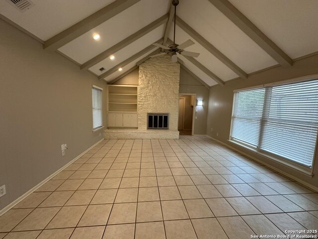 3624 Richwood, San Antonio, TX 78230 - unfurnished living room featuring visible vents, beam ceiling, high vaulted ceiling, built in shelves, and a ceiling fan
