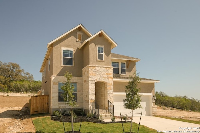 2702 Vistablue, San Antonio, TX 78245 - traditional-style home featuring a garage, fence, stone siding, stucco siding, and driveway
