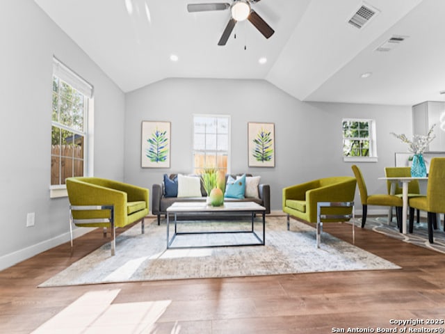 1851 Dawson St, San Antonio, TX 78202 - living area with visible vents, wood finished floors, baseboards, ceiling fan, and recessed lighting