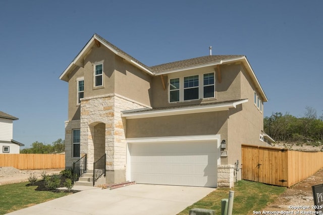 2707 Wild Skies, San Antonio, TX 78245 - traditional home featuring driveway, a garage, fence, stone siding, and stucco siding