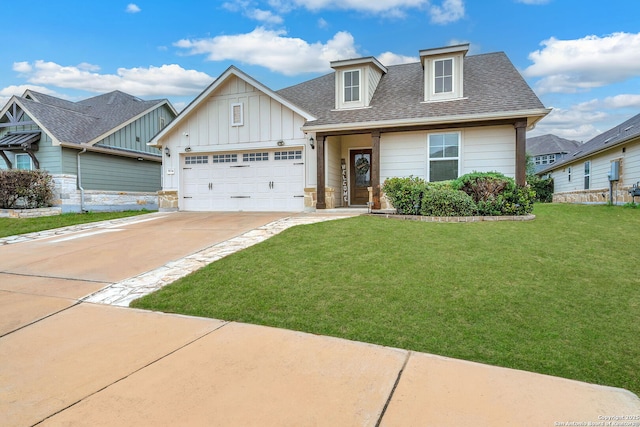 9154 Curling Post, Schertz, TX 78154 - view of front facade with roof with shingles, an attached garage, a front lawn, board and batten siding, and driveway