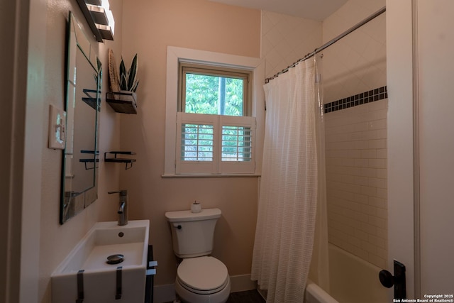 full bathroom with vanity, shower / bathtub combination with curtain, and toilet