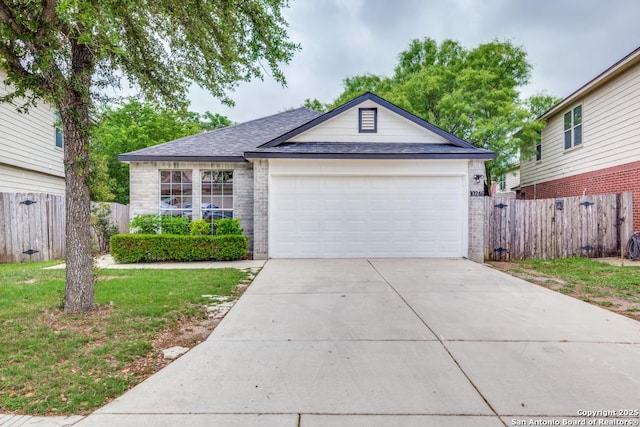 ranch-style house with driveway, roof with shingles, a garage, brick siding, and fence