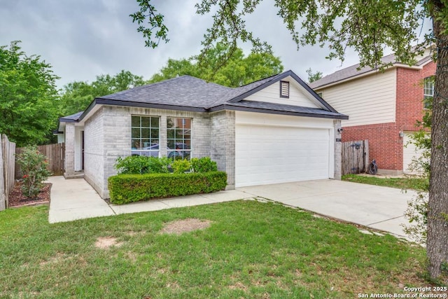 ranch-style house with fence, an attached garage, a front lawn, brick siding, and concrete driveway