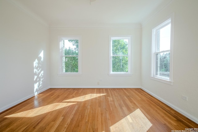 spare room with baseboards, ornamental molding, and light wood-type flooring