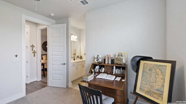 29919 Capstone Walk, Boerne, TX 78015 - carpeted home office featuring baseboards, ceiling fan, and visible vents