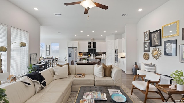 29919 Capstone Walk, Boerne, TX 78015 - living room with visible vents, recessed lighting, ceiling fan, and wood finished floors