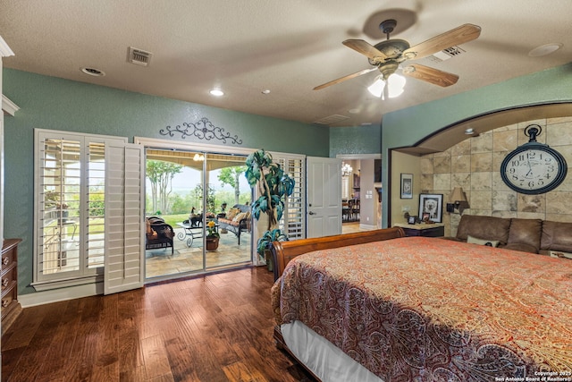 bedroom featuring recessed lighting, visible vents, access to exterior, and wood finished floors