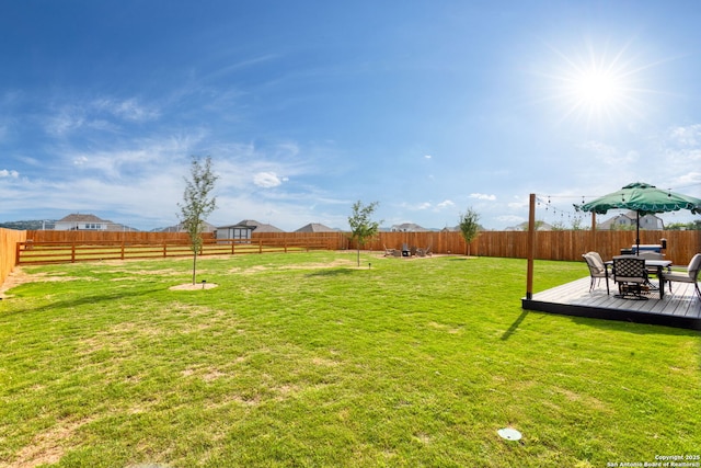 view of yard with a fenced backyard and a wooden deck