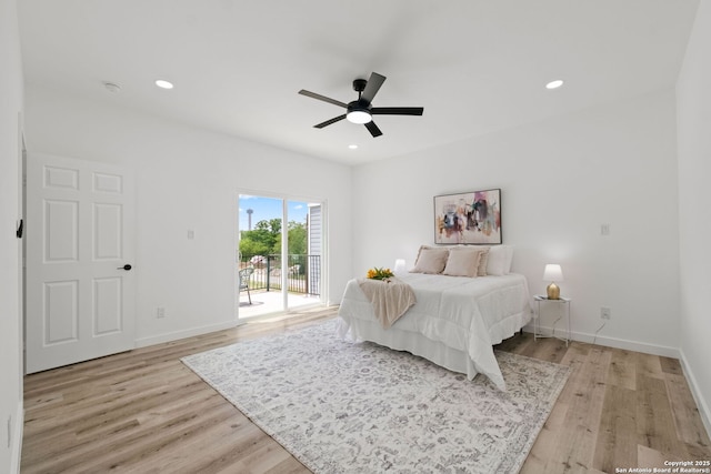 bedroom with access to outside, baseboards, recessed lighting, and light wood-style floors