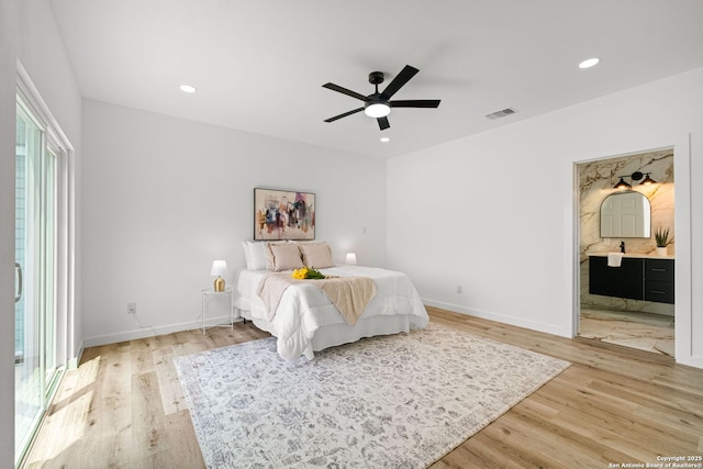 bedroom with visible vents, recessed lighting, light wood finished floors, and baseboards