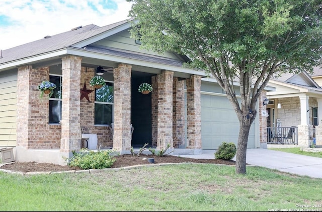 ranch-style home featuring a porch, an attached garage, brick siding, concrete driveway, and a ceiling fan
