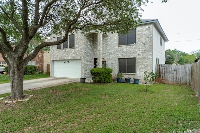view of front of home with a garage, fence, a front yard, brick siding, and driveway