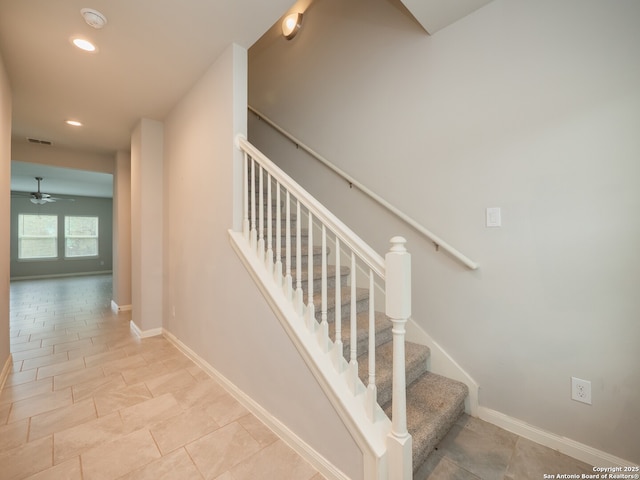 120 Lakeview Ct, Spring Branch, TX 78070 - stairs with visible vents, baseboards, ceiling fan, and recessed lighting