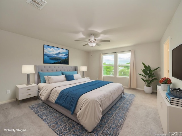 120 Lakeview Ct, Spring Branch, TX 78070 - bedroom with baseboards, a ceiling fan, visible vents, and light colored carpet