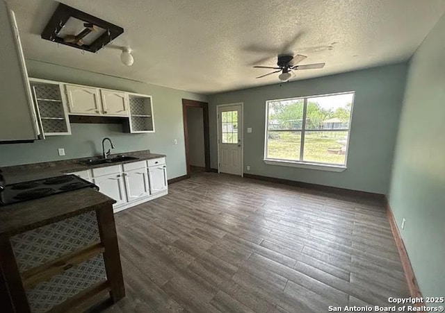 1107 Willow, Jourdanton, TX 78026 - kitchen with a sink, white cabinetry, dark countertops, and a ceiling fan